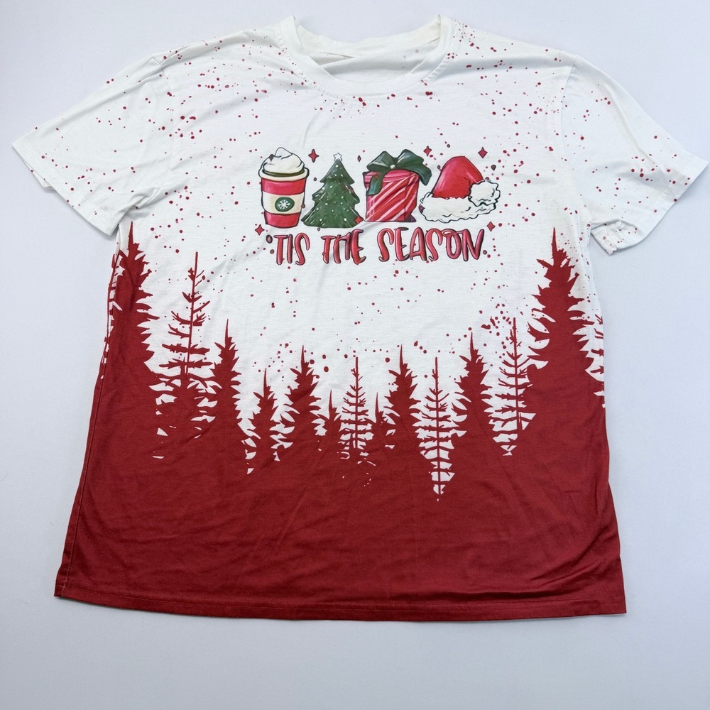 Tis The Season Christmas Graphic T-Shirt White Red Pine Trees Splatter XL